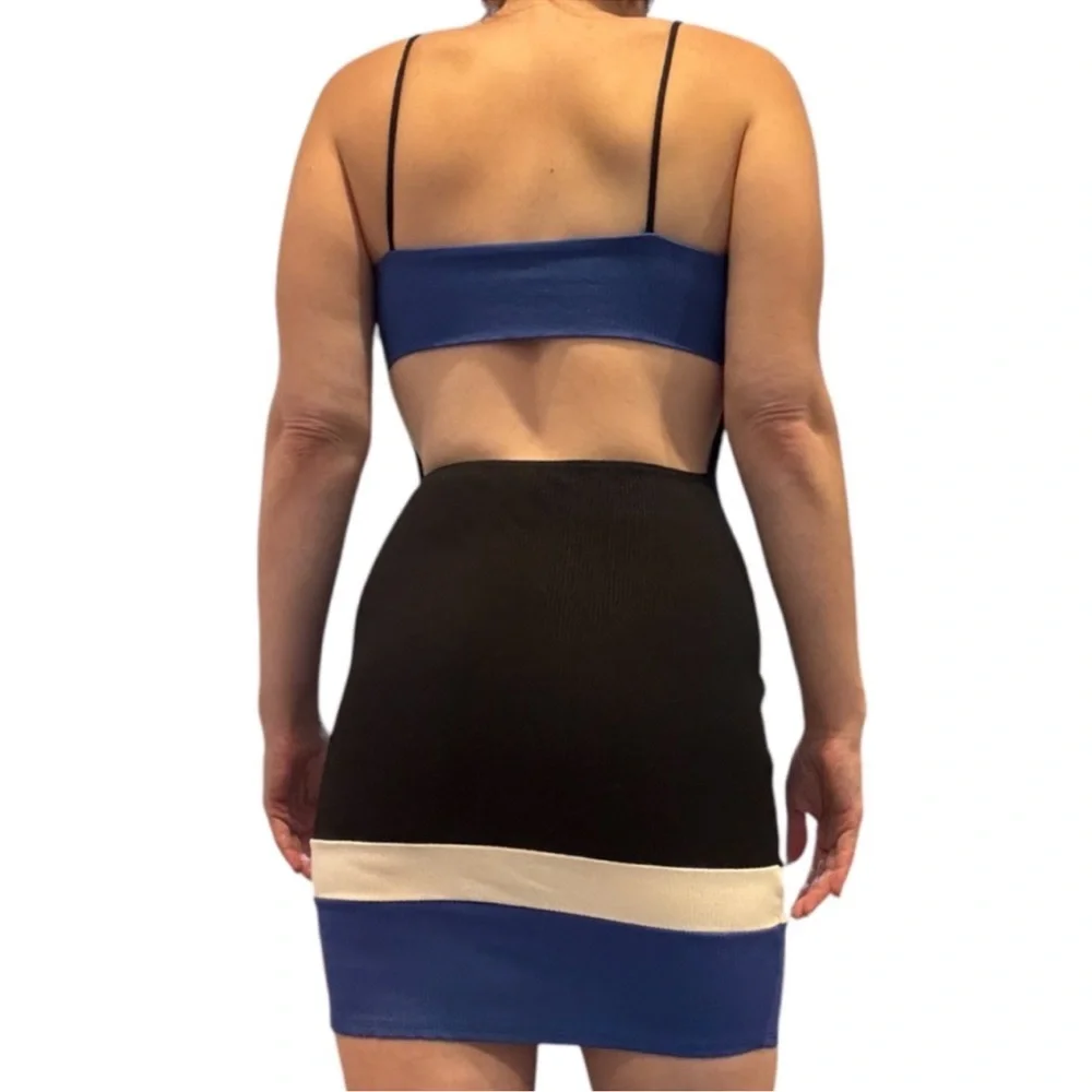 Black Strap Mini Dress with Blue & Cream Hem - Picture 3 of 12